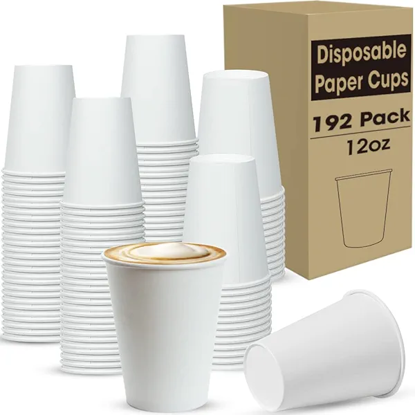 12 oz Coffee Cups, [192 Count] Disposable Coffee Cups, Hot/Cold Beverage Drinking Cup for Party, Picnic, Travel, and Events -Thickened Paper Cups Leakage Prevention 12oz-White