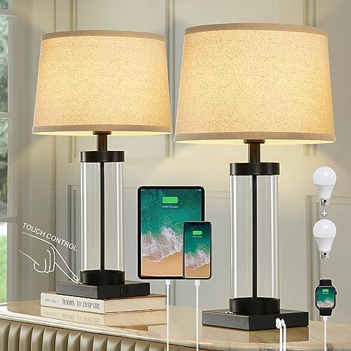 Table Lamps for Bedrooms Set of 2 with USB C USB A Port, 3-Way Dimmable Glass Bedside Lamps with AC Outlet, Modern Nightstand Lamp with Beige Fabric Lampshade for Living Room Bedroom, Bulbs Included