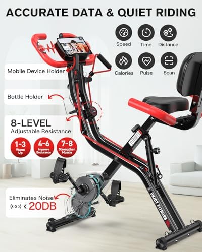 pooboo Folding Exercise Bike, Fitness Stationary Bike Machine, Upright Indoor Cycling Bike, 4-in-1 Magnetic X-Bike with 8-Level Adjustable Resistance, Bottle Holder, Arm Resistance Bands, Pulse Sensor & Back Support Cushion for Home Gym Workout (red) 4