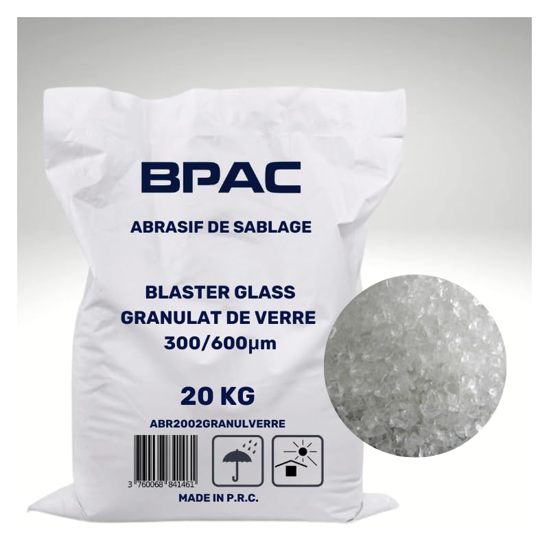 BLASTERGLASS Sabbia Abrasiva di Vetro 20KG per Sabbiatura a Pressione - Abrasiva Riutilizzabile - Sabbia per Sabbiatrice in Vetro - Granulometria 300-600 Micron - Borsa da 20KG