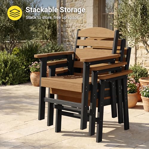 Image of Outdoor Dining Chairs Set of 2, HDPE Patio Weather Resistant Stackable Chair for Garden, Backyard, Lawn and Poolside, Black and Teak