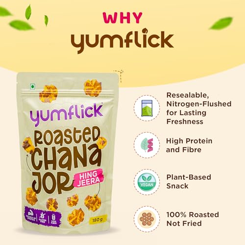 Image of Yumflick Roasted Chana JOR Hing Jeera Flavour | Pack of 2 x 180g | High Fibre & Protein Snack | Roasted Not Fried | No MSG | Gluten-Free | No Palm Oil | Crunchy Desi Namkeen Snack