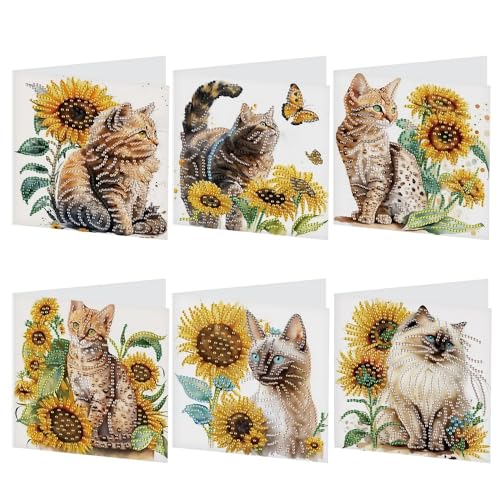 Image of AiYuanzsh 6-Pack 5D Diamond Painting Greeting Cards with Envelopes, Cat Sunflower Pattern DIY Crystal Rhinestone Diamond Art Cards, Laser Effect Postcards for Birthday, Thank You, and Gift Giving