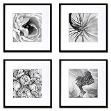 Yisunf 12x12 Picture Frame Black Set of 4, Wooden Square Photo Frame, Display Pictures 8x8 with Mat