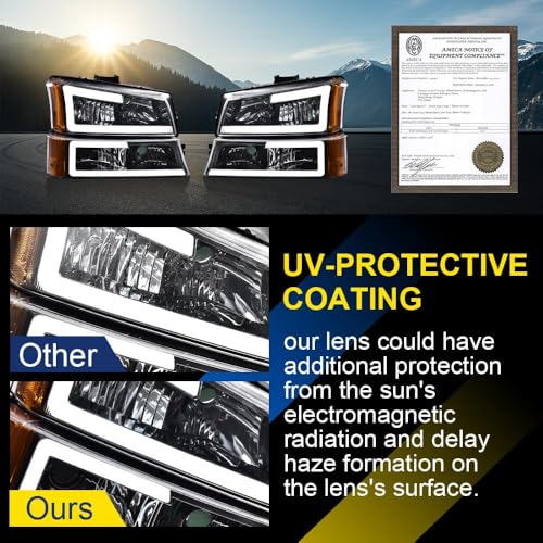 Image of GRAND ORANGE LED DRL Headlight Assembly Fit Chevy Silverado 1500 2500 3500 HD Models 2003-2006, Fit Chevy Avalanche 1500 2500 2003-2006 GM250222 Headlamp Clear lens Chrome Housing Amber Reflector