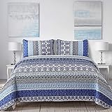 WONGS BEDDING Boho Quilt Set King Size, Blue Bohemian 3 Pieces Quilt Sets, Lightweight Bedspread Coverlet Bedding Set for All Season (103