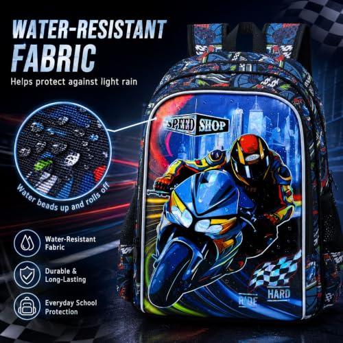 Image of HPJGD 3PCS Boys Motocycle Backpack, Water Resistant Kids Bookbag Set with Lunch Box, Cute School Bag for Preschool Toddler