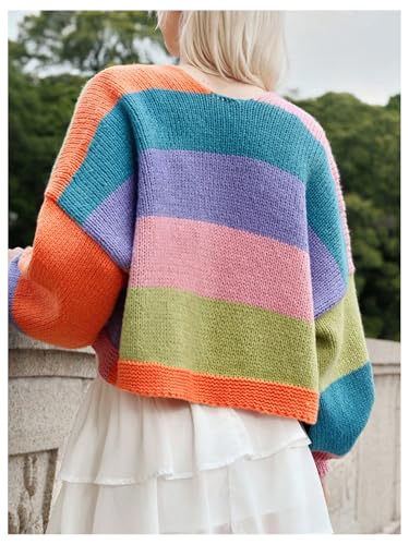 Image of MakeMeChic Women's Colorblock Colorful Open Front Cardigan Sweaters Lantern Sleeve Knitted Y2K Cardigan Multicolor Medium