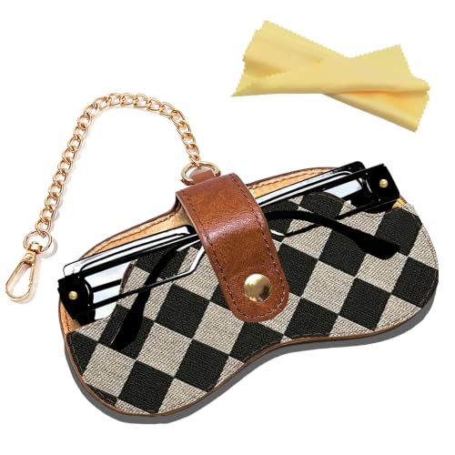 Image of Eyewear Clutch Glasses Case with Clip Soft Leather Sunglasses Bag | Leopard, Plaid, Ultra slim for purse, Portable for travel trip, Easier to access eyeglass, Magnetic button, Cleaning cloth