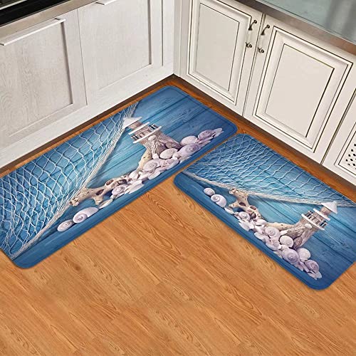 Lighthouse Kitchen Rug Sets 2 Pieces Seashell Fishing Net Starfish Ocean Beach Farmhouse Marine Blue Comfort Floor Mats Washable Nautical Coastal Doormat Anti Fatigue Non-Slip Area Runner Rugs Carpet #TOP1