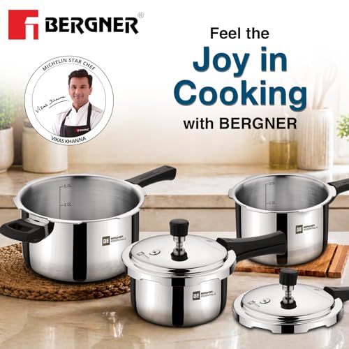 Image of Bergner BE Essentials Triply Pressure Cooker 3 Pcs Set - 5L, 3L and 2L Outer Lid Pressure Cooker Combo, Even Heat Distribution, Sturdy Rivetless Handle, Healthy Cooking - Induction and Gas Stove Ready