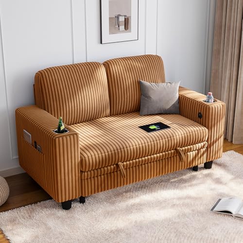 Image of LINSY HOME Loveseat Sofa with Storage - Comfy Plush Corduroy 2 Seater Sofa with USB Charging & Cup Holders, Deep Seat Love Seat for Small Spaces Living Room Bedroom Apartment, Brown