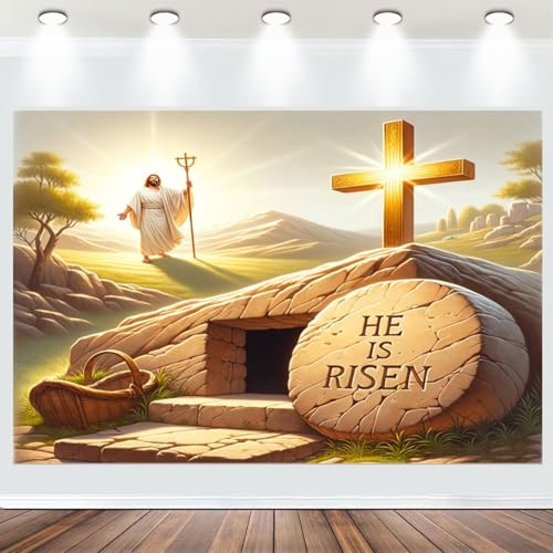 Fabric 5x3ft He is Risen Photography Backdrop Jesus Christ Empty Tomb Gold Holy Cross Background Resurrection Crucifix Happy Easter Decoration Banner Newborn Baptism Portrait Photo Shoot Props