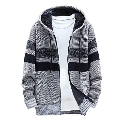 Mens Cable Knit Cardigan Sweater Fleece Lined Colorblock Zip Up Slim Hooded Jacket with Pocket Hoodie Cardigan Coats