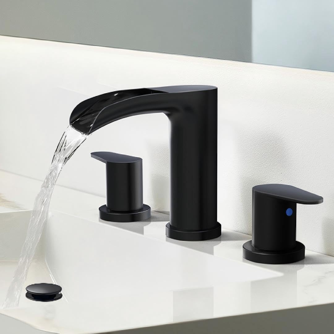 Black Bathroom Faucet - Waterfall Faucets Bathroom 8 Inch, 2 Handles Widespread Vanity Faucets 3 Holes for Lavatory Restroom RV Bathtub with Pop Up Drain & Supply Lines Matte Black