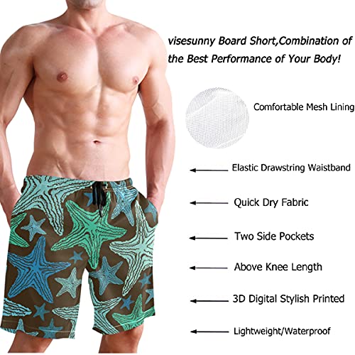 visesunny Blue Green Starfish Brown Pattern Summer Men's Swim Trunks Quick Dry Bathing Suits Beach Holiday Party Swim Shorts3