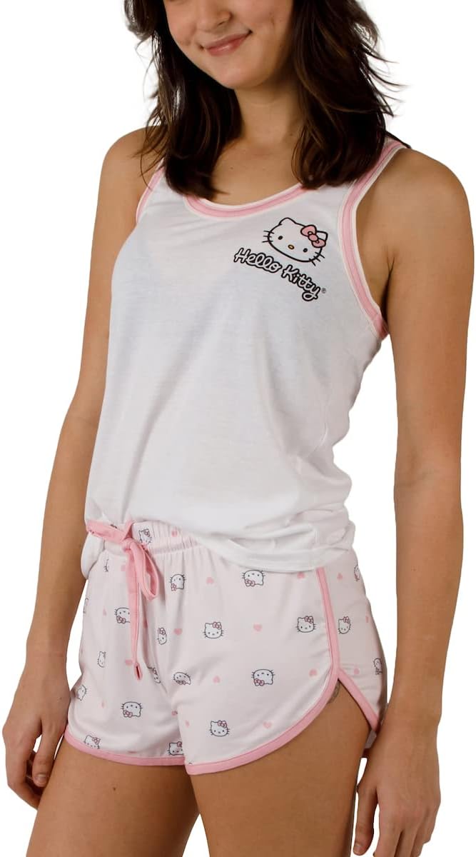 Bioworld Hello Kitty Character Hearts Women's Racer Back Tank Top & AOP Dolphin Lounge Shorts Sleepwear Set