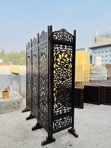 Image of Wooden Room Divider Decorative Foldable Privacy Screen Hand Carved Partition for Living Room Bedroom Office Decor (6 Feet 4 Panel Brown with Stand Each Panel Size 72X20 Inch)
