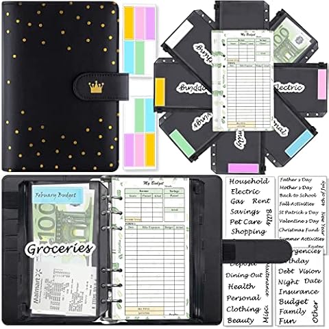 A6 Money Organiser, 6-Ring Budget Planner Kit with Money Envelopes, Budget Refills, Storage Method for Envelopes, Matching Sticker and Label, 7.4 x 5.71 inches (Harphia, 146 Crown) Cover