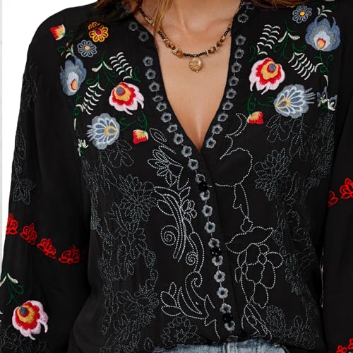 Mexican Shirts Peasant Blouses Cotton Embroidered 3/4 Sleeve Summer V Neck Tunic Bohemian Tops Boho Clothes for Women3