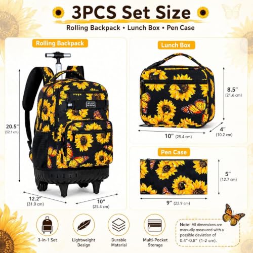 Image of 3Pcs Rolling Backpack for Girls Women, Travel Roller Backpacks with Wheels for Adults, Teens College Sunflower Wheeled Bookbag with Lunch Box(Yellow)