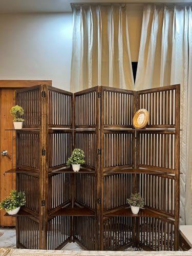 Image of Wooden Partition Divider for Living Room, Partition Wall, Privacy Divider, Freestanding Folding Panels for (6 Feet 5 Panel with 3 Shelve) (6 feet 5 Panel Dark Brown)