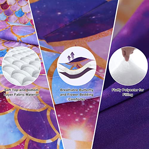 Encoft Girls Comforter Sets Full Size, Pink And Purple 3D Mermaid Scale Comforter Set 3 Pieces With Pillow Shams, No Sheet, Full Size Kids Bedding Set, Girls Bedroom Decor #TOP4