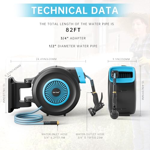 Image of Garden Hose Reel,1 /2 Inch x 82FT Water Hose (GASE2001), Super Heavy Duty, Any Length Lock, Slow Return System, Wall Mounted and 180 Deg Swivel Bracket