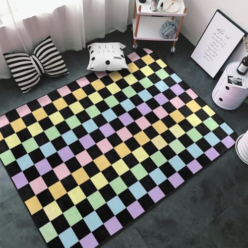 XTPSHN Rainbow Pastel and Black Checker Bedroom Rugs 60X39 Inches Floor Area Rug Non Slip Carpet Soft Fit Kitchen Living Room Kids Room Nursery Home Decor
