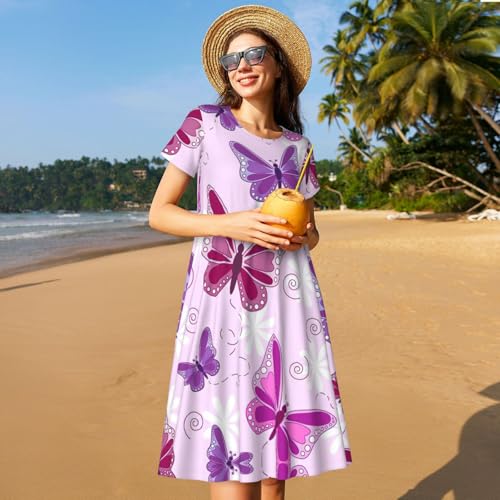 Robe d'été de qualité supérieure imprimé papillon rose coupe trapèze