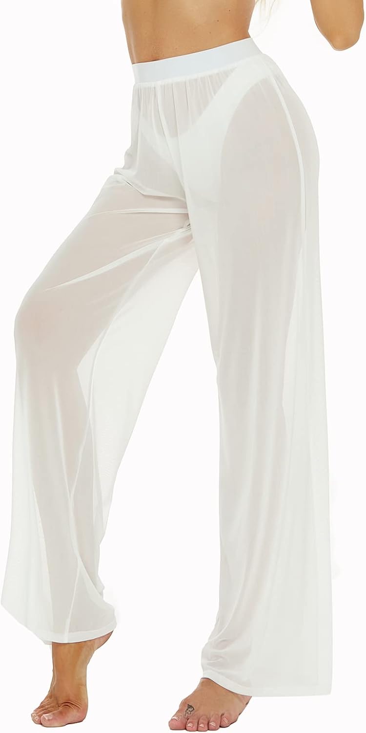 RUEWEY Women See Throug Mesh Flare Cover up Pants Swimsuit Bikini Bottom Cover up Elastic Waist Wide Leg Palazzo Trousers - Image 4