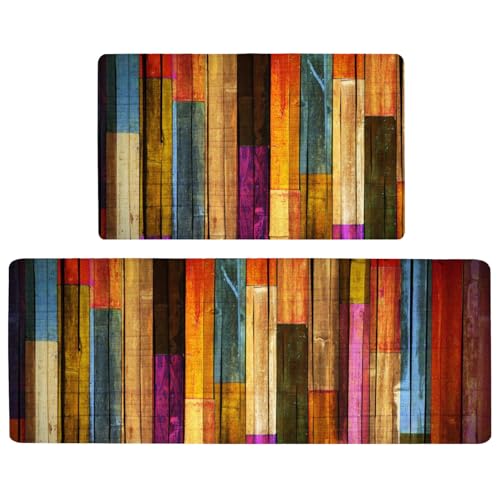 Colorful Wooden Planks Kitchen Rug Sets of 2 Piece