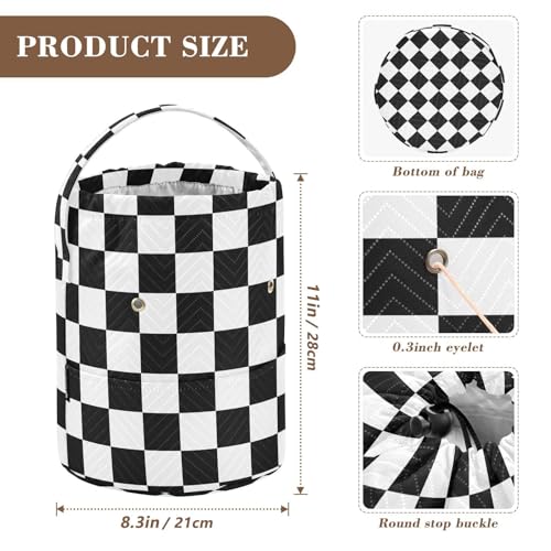 Image of ElliTarr Crochet Bag Yarn Bag with Handle Portable Knitting Project Bag Travel Yarn Storage Organizer Holder Case Checkered Black and White