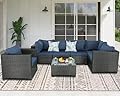 HTTH 7 Pieces Patio Furniture Sets Outdoor Rattan Wicker Conversation Sofa Garden Sectional Sets with Coffee Table for Porch Garden Poolside Backyard (Navy Blue)
