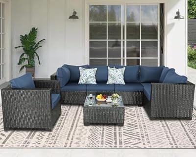 HTTH 7 Pieces Patio Furniture Sets Outdoor Rattan Wicker Conversation Sofa Garden Sectional Sets with Coffee Table for Porch Garden Poolside Backyard (Navy Blue)