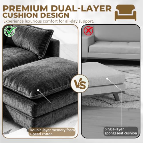Image of 112 inch L-Shape Modular Sofa with 1 Ottomans, Deep Seat Cloud Convertible Sleeper, 3 Throw 2 Arm Pillows, Comfortable Upholstered Furniture for Living Room Apartment, Black