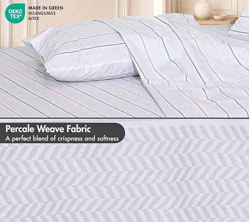 Image of RUVANTI 100% Cotton Percale Sheets Full Size, Chevron Twill Stripe | Crisp Cooling for Hot Sleepers, Deep Pocket 16 inch, Soft Breathable & Durable, Hotel-Style 4 Piece Set