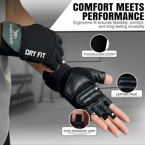 Image of Mayor Premium Dryfit Gym Gloves for Men & Women with Wrist Support Accessories for Weightlifting, Training, Exercise, Cycling Gloves, Bike Riding Gloves, Polycotton Blend (Black)