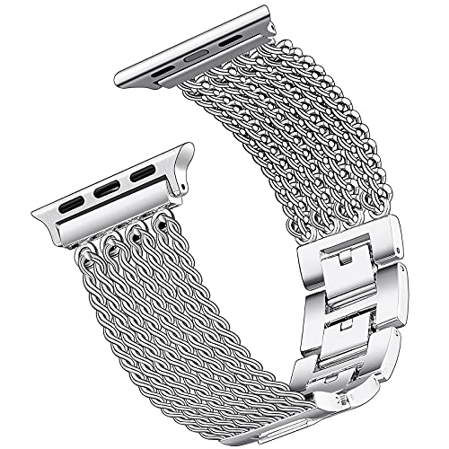 DMMG Compatible with Apple Watch Band 384041424445mm Women Girls, Fashion Dressy Style Stainless Steel Bracelet Strap with Tassel Metal Chain for Iwatch Series 7 6 5 4 3 2 1 SE(4244mm), Silver