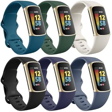 Ouwegaga Pulseira esportiva clássica macia à prova d'água para Fitbit Charge 6/Charge 5 para Fitbit Charge 6/Charge 5, pacote com 6, grande