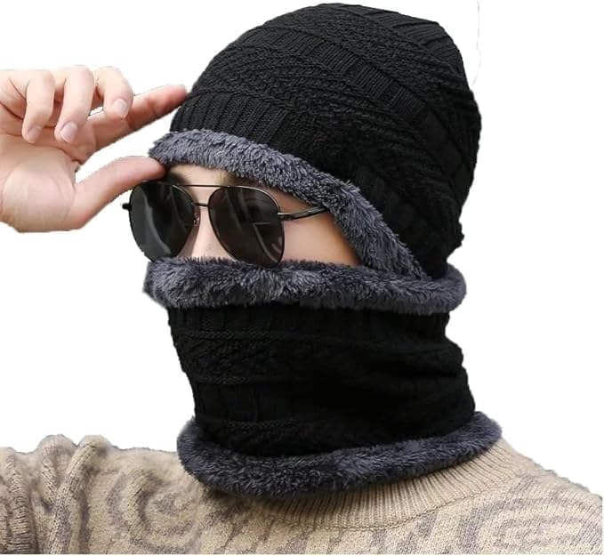 Winter Beanie Hat and Neck Warmer Set for Men and Women – Knitted Fleece Lined Thermal Cap Scarf 2 Piece Set for Cold Weather Outdoor Sports (Black Grey)-image-24