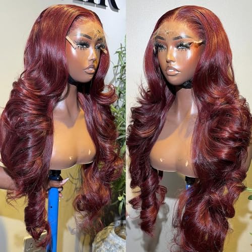 SISIFIRE Burgundy Body Wave Lace Front Wigs for Women Glueless HD Lace Front Wig Pre Plucked Hairline with Baby Hair Long Wine Red Wavy Wigs