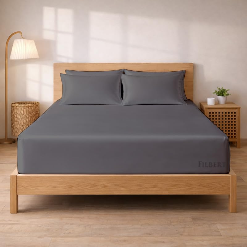 Image of Filbert - Premium Satin Fitted Bedsheet Single Bed (36x75 Inch) with 1 Pillow Cover | Hypoallergenic Breathable | Hair and Skin Friendly, Women Gift Choice|Charcoal