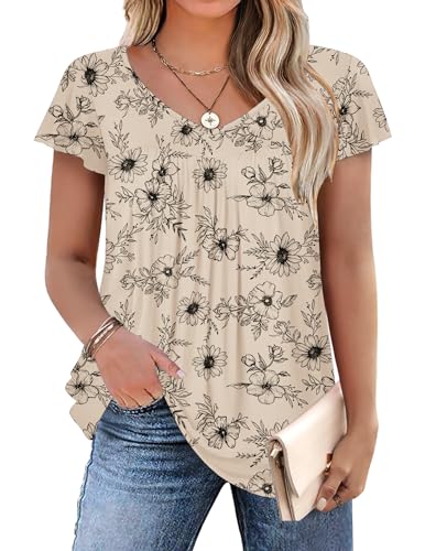 IN'VOLAND Plus Size Womens Ruffle Sleeve Tunic Tops V Neck Summer Shirts Floral Print Tops Dressy Blouse