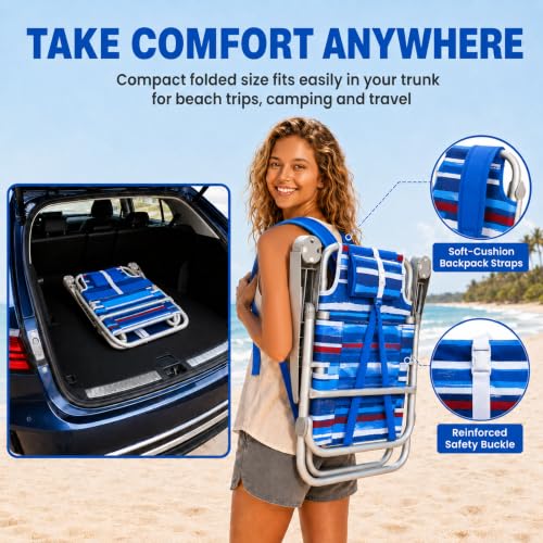 Image of SUNNYFEEL XL 28 inch Extra Wide Beach Chair for Adults,Low Backpack Beach Chair | 5-Position Lay Flat Reclining, 500 lb Heavy Duty Folding Chair with Pillow & Cup Holder, Darkblue Stripe