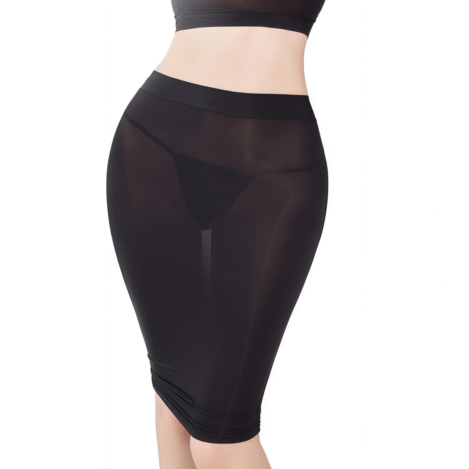 Manjiamei Women's Black Glossy Bodycon Midi Skirts Sheer Pencil Skirts