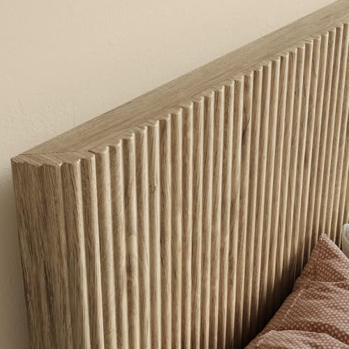 Image of Evermagin Oak Queen Bed Frame with Headboard, Mid Century Modern Fluted Platform Bed, Boho Wooden Bed Base No Box Spring Needed, Wavy Grooved Panel