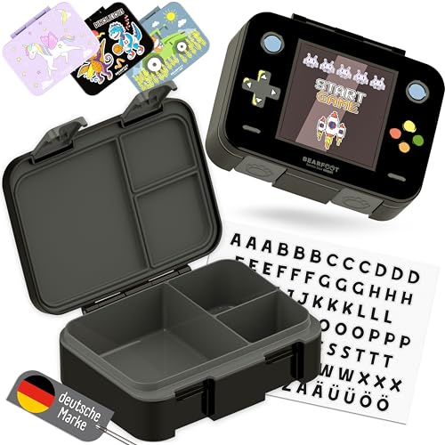 Image of BEARFOOT Kids Lunch Box with Compartments - Compact & Lightweight | Leak-Proof, BPA-Free, Dishwasher Safe | Hand-Drawn Design for Preschool, School, Travel (Game Black, 2.75 Cups)