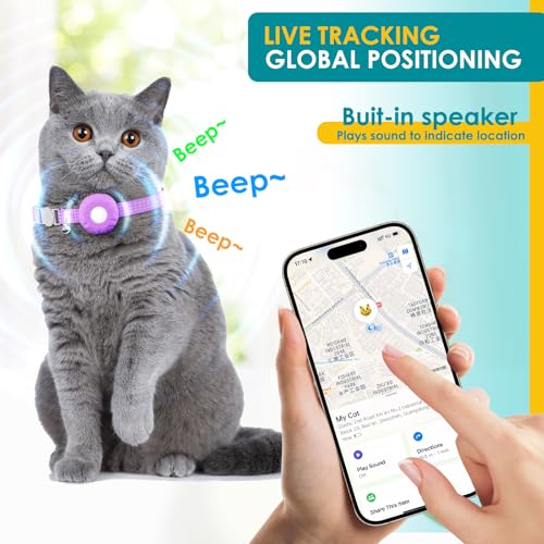 Image of GPS Tracker for Cats, Cat Tracker Compatible with Apple Find My App (Only iOS), No Monthly Fee, Waterproof (White Tracker, Purple Cat Collar)