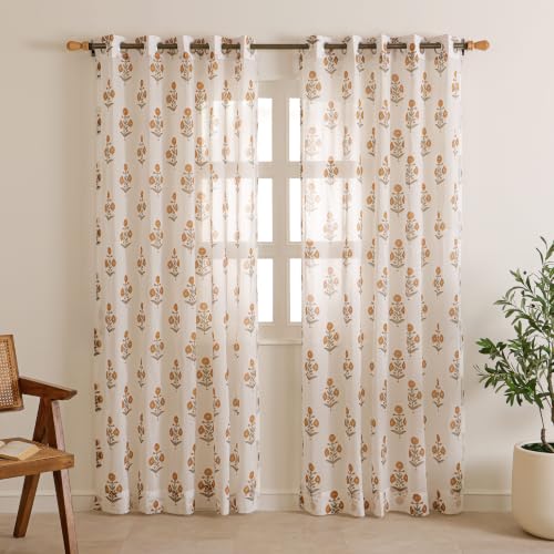 Image of Clasiko Block Print Sheer Door Curtains| 7 Feet | 40% Light Filtering Linen Textured Curtains with Eyelets & Tieback | Handcrafted Floral